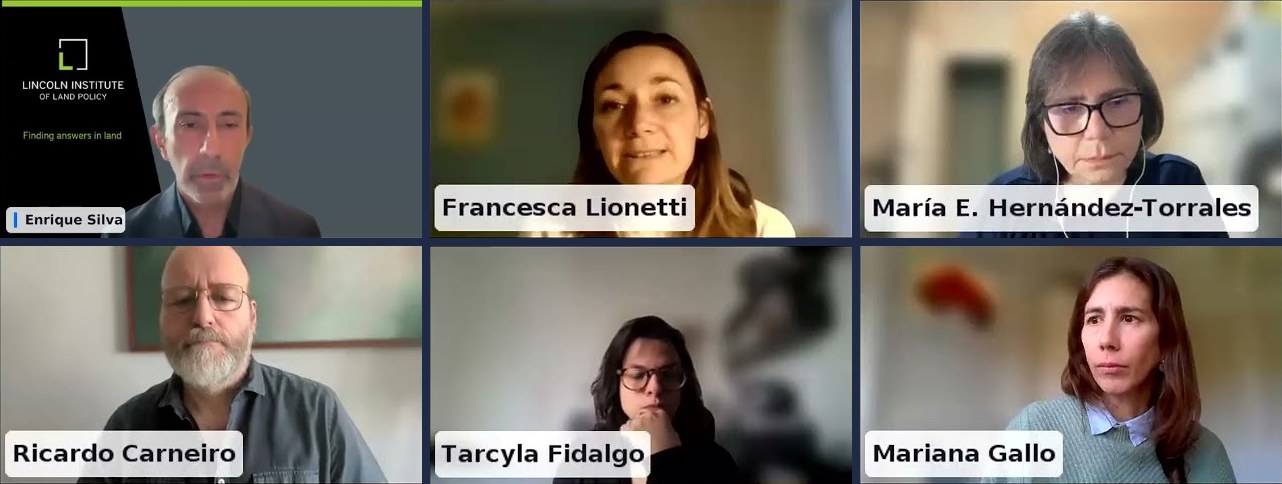 Enrique Silva, Francesca Lionetti, María E. Hernández-Torrales, Ricardo Carneiro, Tarcyla Fidalgo and moderator Mariana Gallo in the Transforming Informal Settlements webinar, October 29, 2026